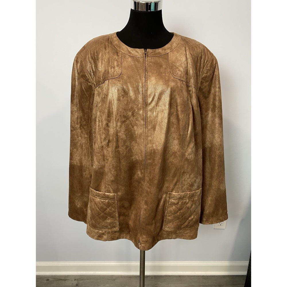 Alfred Dunner Women's Size 22W Suede Feel Full Zip Jacket Coat Shimmer Gold